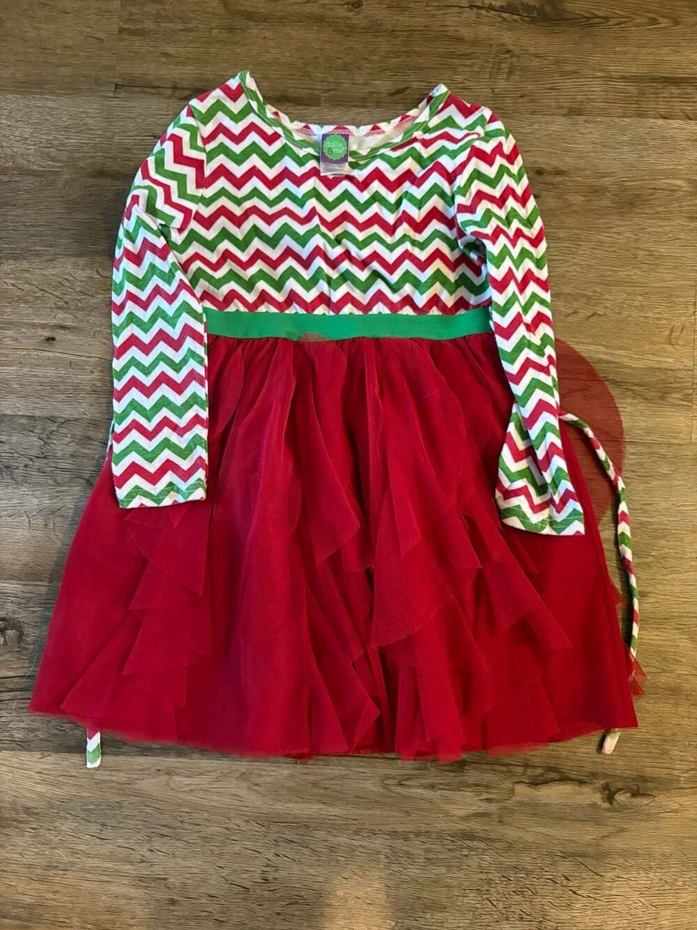 Dollie & Me Girls Red and Green Chevron Long Sleeve Tulle Holiday Dress Size 6